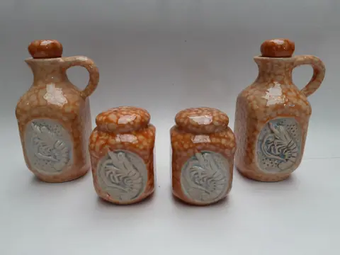vintage peper en zout stel en olie en azijn set - aardewerk - langoustine kreeft