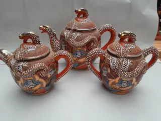 vintage Japanse Satsuma theepot met melkkan en suikerpot - draken decor