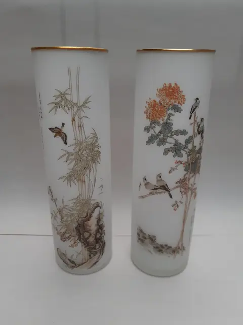 Wit matglazen cilinder vaas met vogels en bloemen - Japans - set van 2