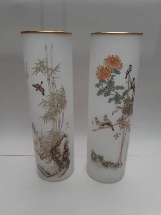 Wit matglazen cilinder vaas met vogels en bloemen - Japans - set van 2