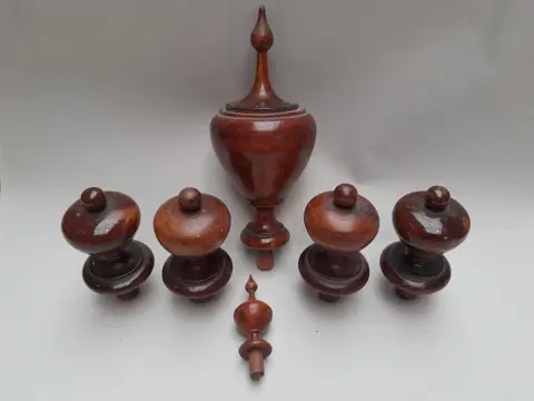 set van 6 antique turned wooden furniture ornaments - finial