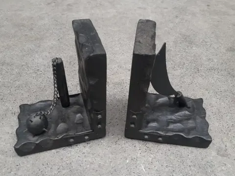 Vintage Medieval Weapons Bookends Handcrafted Spain Wood & Metal