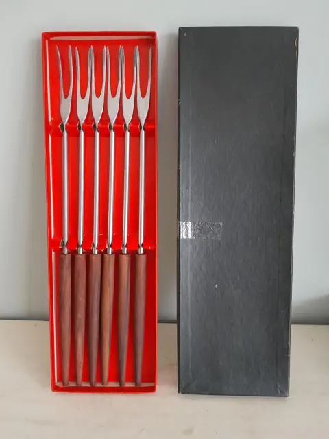 vintage fonduevorken van teakhout en roestvrij staal uit de jaren 60 - Mid-Century - set van 6