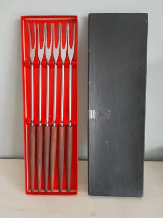 vintage fonduevorken van teakhout en roestvrij staal uit de jaren 60 - Mid-Century - set van 6