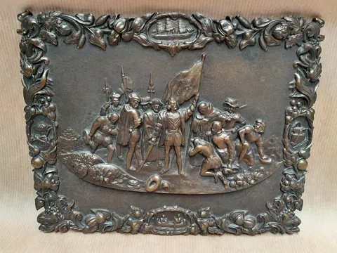 The landing of Columbus - vintage brass plaque