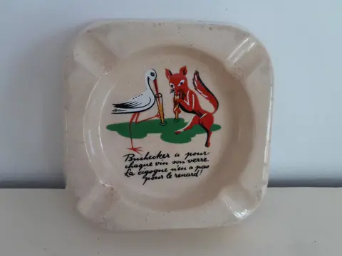 Vintage asbak vos en ooievaar Buchecker Co Luzern