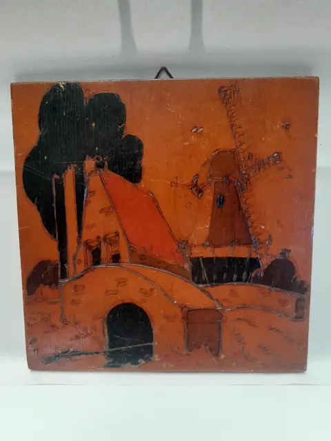 Vintage Hand Crafted Dutch Pyrography/Carved Painted Wood panel - 1944 - WW2 period