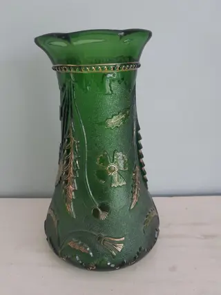 Antiek groen goud Delaware vaas - geblazen glas - 50s
