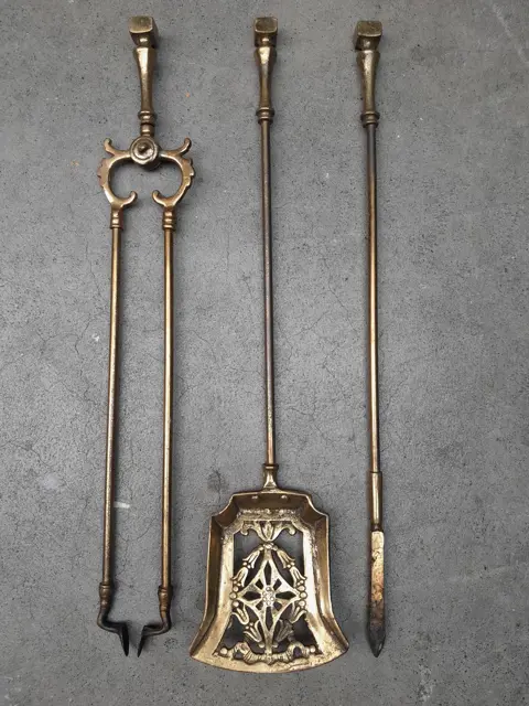 set of Victorian brass fire tools with shovel - English - mid 19th century