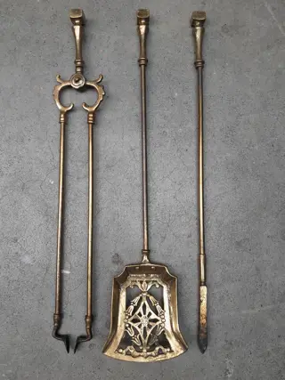 set of Victorian brass fire tools with shovel - English - mid 19th century