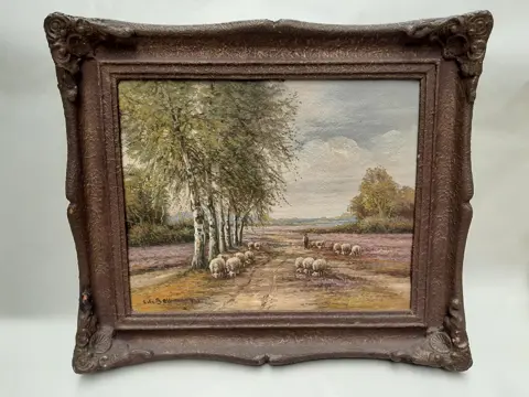 olieverf op paneel schilderij 'Landschap met kudde schapen' van de Nederlandse kunstenaar C. H. Beltman (1850-1938)