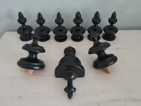 set of 9 antique turned wooden furniture ornaments - finial