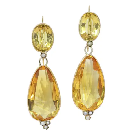 Iberian Gold Long Drop Earrings with Four Large Natural Citrines