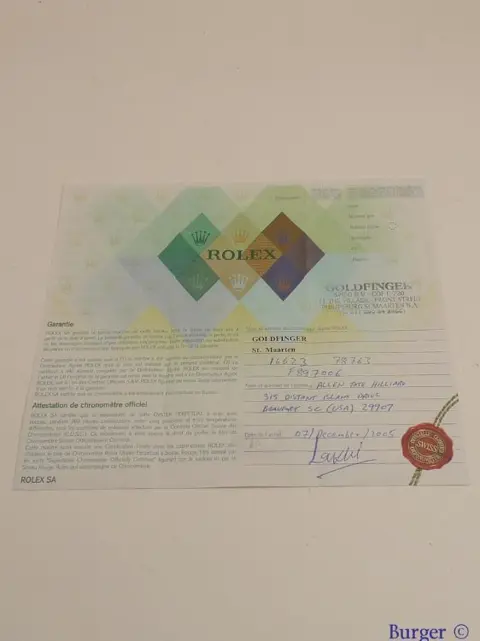 Rolex Warranty Certificate Ref: 16623