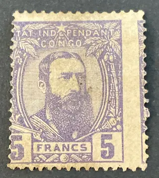 Onafhankelijke Staat Congo 1887 - Leopold II drie kwart naar rechts : 5F Violet - duurste waarde van de reeks - OBP/COB 11 - OBP/COB 11