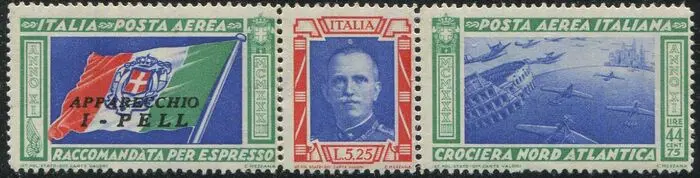 Italië 1933 - Trittico Crociera Nord Atlantica L. 5,25 + 44,75 con sigla I-PELL - Sassone A52