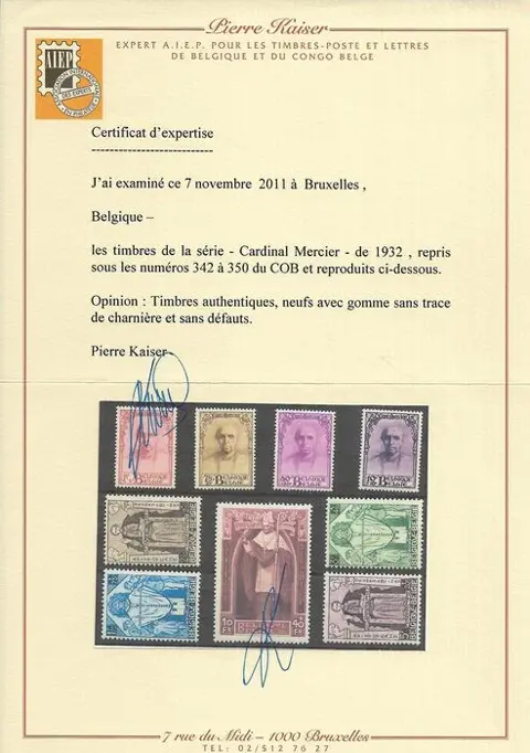 België 1932 - Reeks Kardinaal Mercier - certificaat Kaiser - OBP/COB 342/50