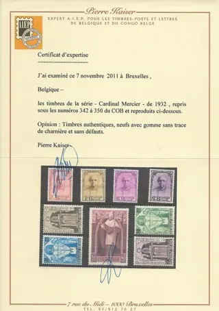 België 1932 - Reeks Kardinaal Mercier - certificaat Kaiser - OBP/COB 342/50