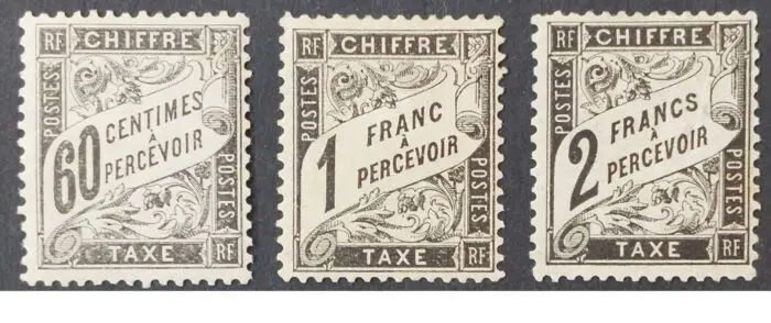 Frankrijk 1881/84 - Tax, Duval type, black, selection of 3 stamps - Yvert Taxes 21, 22 et 23