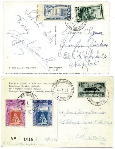 Italiaanse Republiek 1951/1952 - Francobollo Toscano, Automobile 1951 e Fiera di Milano 1952 su due cartoline illustrate - Sassone 653/655 - 697