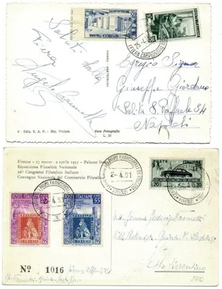 Italiaanse Republiek 1951/1952 - Francobollo Toscano, Automobile 1951 e Fiera di Milano 1952 su due cartoline illustrate - Sassone 653/655 - 697