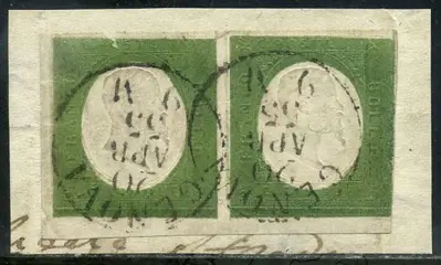 Italiaanse oude staten - Sardinië 1854 - Victor Emmanuel II, 5 c. olive green. Pair on cut out. With certificate. - Sassone N. 7c