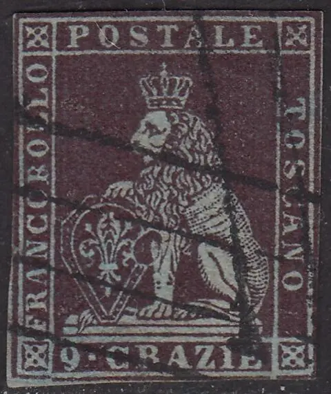Italiaanse oude staten - Toscane 1851 - I emissione, 9 crazie viola bruno scurissimo su carta azzurra e filigrana corona - Sassone N. 8a