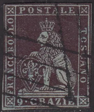 Italiaanse oude staten - Toscane 1851 - I emissione, 9 crazie viola bruno scurissimo su carta azzurra e filigrana corona - Sassone N. 8a