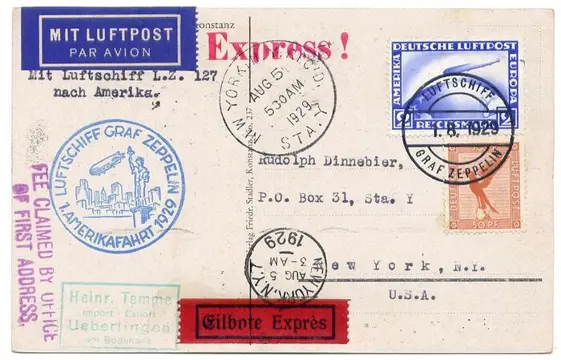 Duitse Rijk 1929 - Zeppelin LZ 127 - 1. AMERIKAFAHRT –1st America Flight :Express card to New York : variant - Sieger 27 b , Michel 27 b