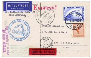 Duitse Rijk 1929 - Zeppelin LZ 127 - 1. AMERIKAFAHRT –1st America Flight :Express card to New York : variant - Sieger 27 b , Michel 27 b