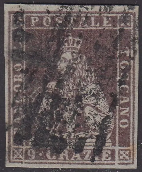 Italiaanse oude staten - Toscane 1851 - I emissione, 9 crazie bruno violaceo chiaro su carta grigia - Sassone N. 8c