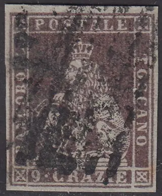 Italiaanse oude staten - Toscane 1851 - I emissione, 9 crazie bruno violaceo chiaro su carta grigia - Sassone N. 8c