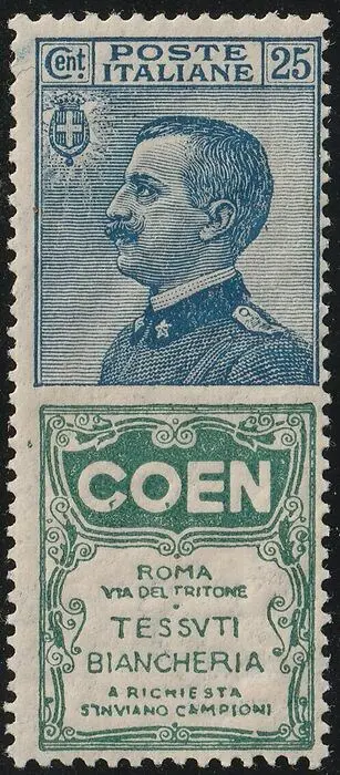 Koninkrijk Italië 1924/25 - Advertising pieces 25 c. azure and green Coen, centred, intact, rare, luxury - Sassone n.5
