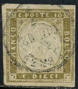 Italiaanse oude staten - Sardinië 1862 - Victor Emmanuel II, 10 cents light olive, with certificate. - Sassone N. 14Db