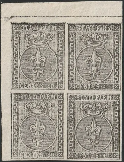 Italiaanse oude staten - Parma 1852 - I^ Em. 10 c. bianco Quartina Adf grandi margini nuova piena gomma rara lusso periziata - Sassone n.2