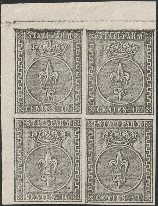 Italiaanse oude staten - Parma 1852 - I^ Em. 10 c. bianco Quartina Adf grandi margini nuova piena gomma rara lusso periziata - Sassone n.2