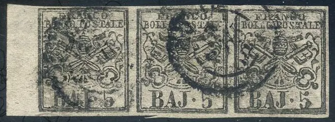 Italiaanse oude staten - Pauselijke Staat 1852 - 5 baj bianco rosaceo, striscia di 3 esemplari con stampa oleosa - Sassone N. 6Ab