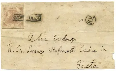 Italiaanse oude staten - Napels 1858 - 2 grana pink, 3rd plate, on letter front with ‘Strade Ferrate’ cancellation (points 10) - Sassone N. 7