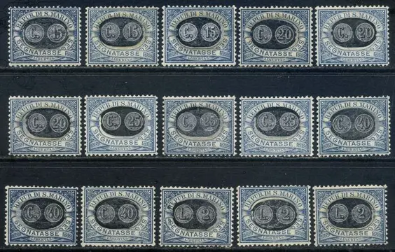 San Marino 1931 - Postage due, ‘masks’; complete set of 15 values with very good centring. Extremely fine - Sassone N. 32/46