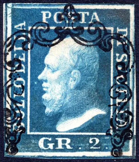 Italiaanse oude staten - Sicilië 1859 - 2 gr. dark cobalt, 1st plate, Naples paper, used – historical certificate by Dr Giulio Bolaffi - Sassone n° 6c