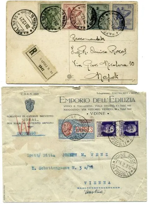 Koninkrijk Italië - Umberto50 c. - Floreale 40 c.- Vittoria serie cpl - Espresso L. 2,50. Quattro buste interessanti
