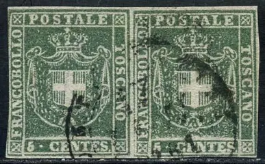 Italiaanse oude staten - Toscane 1860 - Provisional Government, 5 cents green, pair. - Sassone N. 18