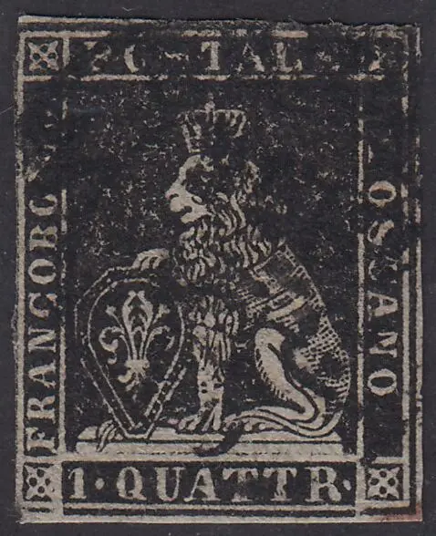 Italiaanse oude staten - Toscane 1851 - I emissione, 1 quattrino nero su carta grigia e filigrana corona - Sassone N. 1