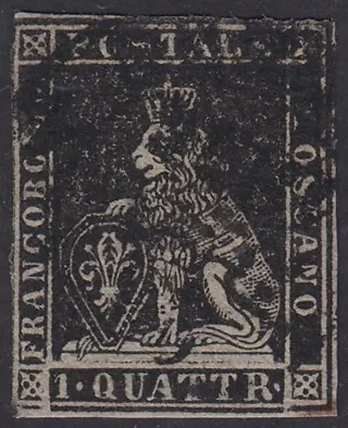Italiaanse oude staten - Toscane 1851 - I emissione, 1 quattrino nero su carta grigia e filigrana corona - Sassone N. 1