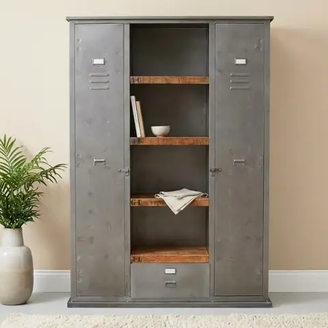 Industriële lockerkast mangohout grijs en wit 140 cm | Houtmijn