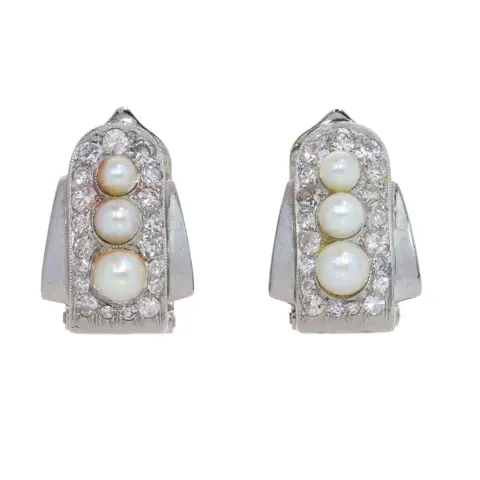 Platinum Pearl and Diamond Earclips with Art Deco Echoes, circa 1950