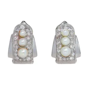 Platinum Pearl and Diamond Earclips with Art Deco Echoes, circa 1950