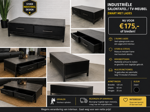 Industrieel TV-meubel / Salontafel – Zwart Metaal met 2 Lades