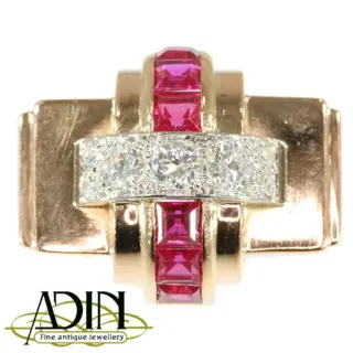 Belgische cocktail ring van goud met diamant en robijn