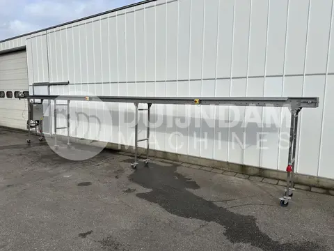Transportband roestvrij staal 970 x 240 cm op hoge poten en wielen